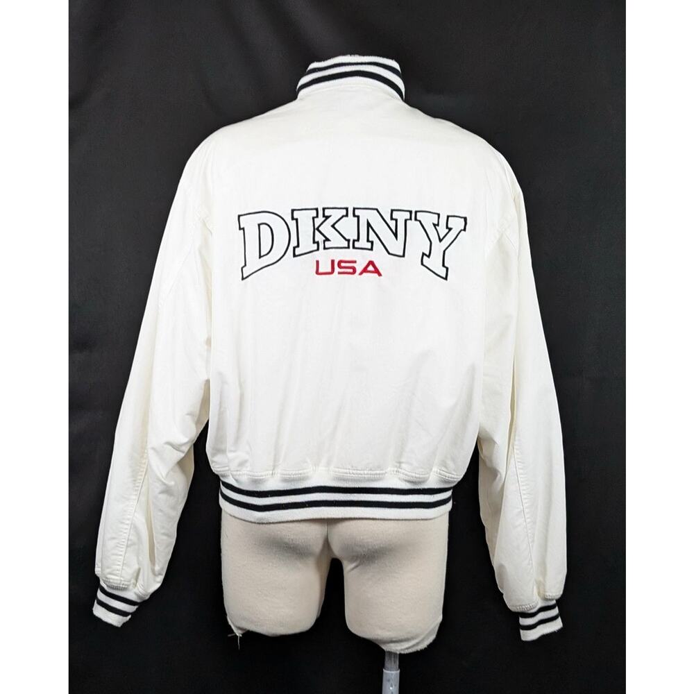 Vintage 90s DKNY Varsity Jacket White Donna Karan Logo Spellout Women's Size L - Picture 6 of 9